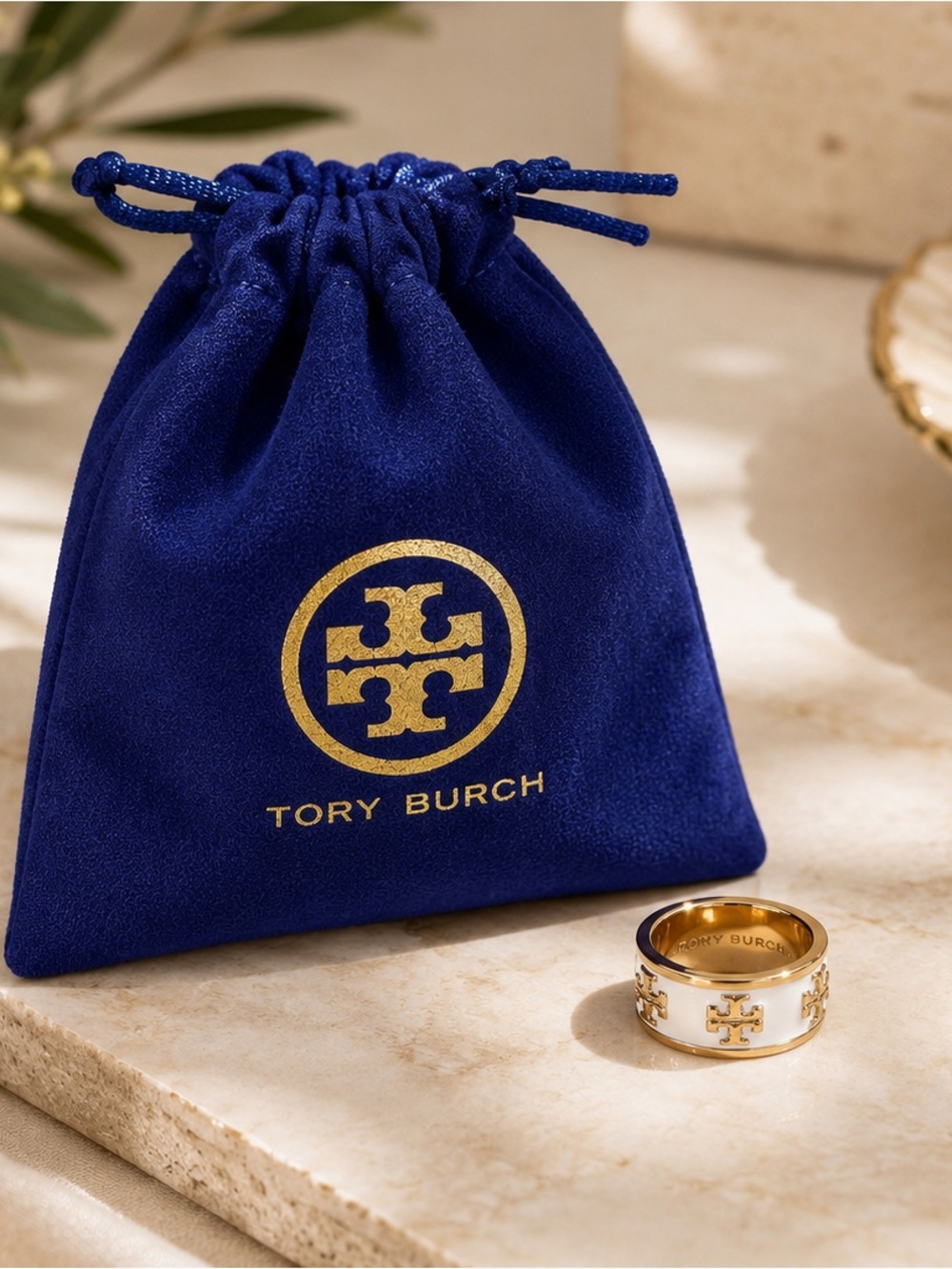 Tory Burch Gold and White Logo Band with Navy Pouch